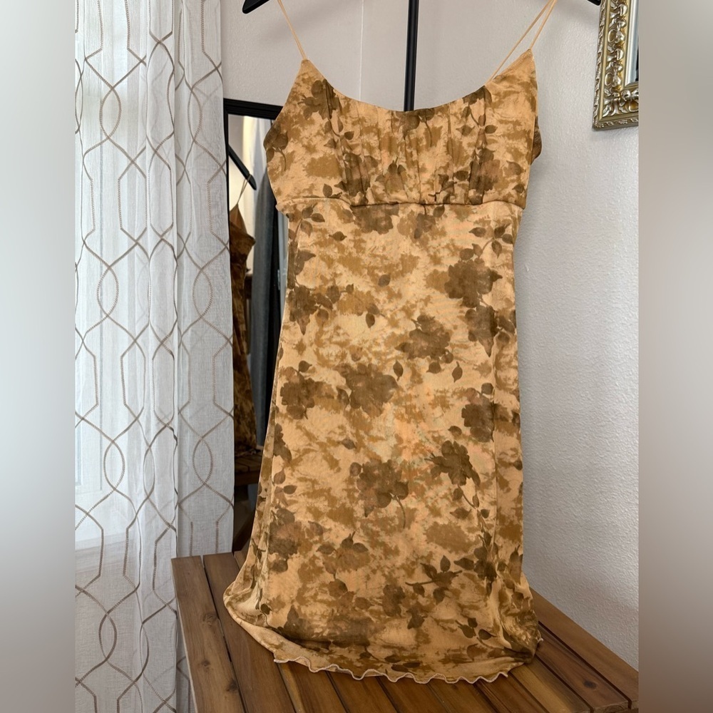 Flirty Floral Mesh Slip Dress Large Y2K Brown Floral Rose Print Mini Dress 90’s - Picture 8 of 8